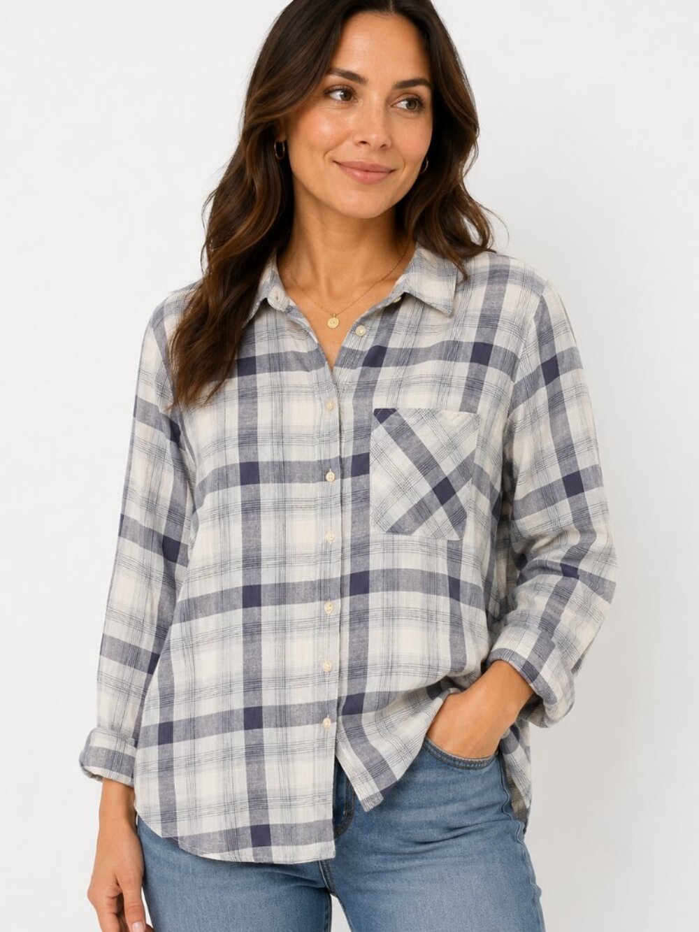 Torrid Size 2(2X) Gray White Plaid Button Front Shirt Cotton Blend 3/4 Sleeve